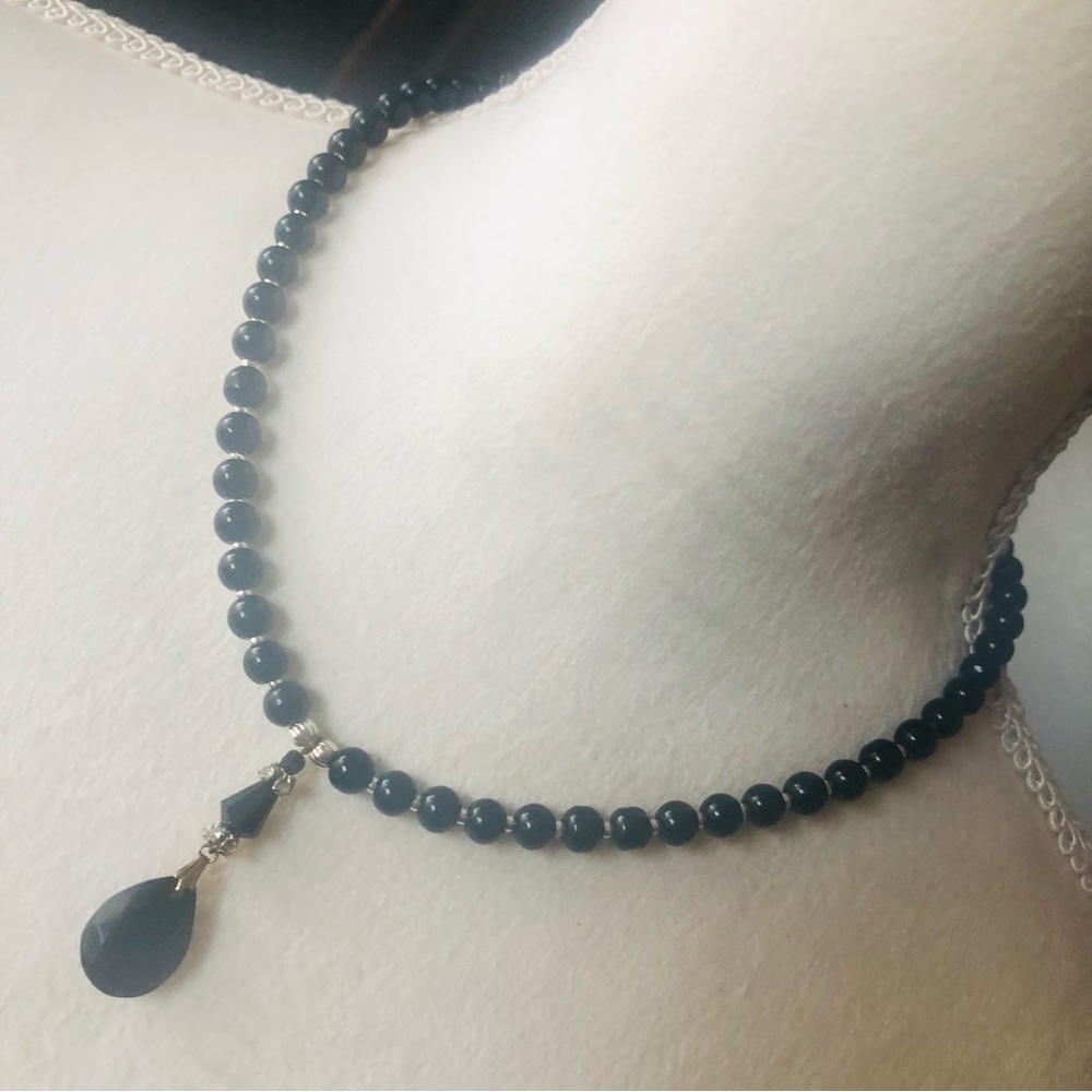 Handcrafted repurpose faceted black crystal pendant Czech glass Pearl necklace